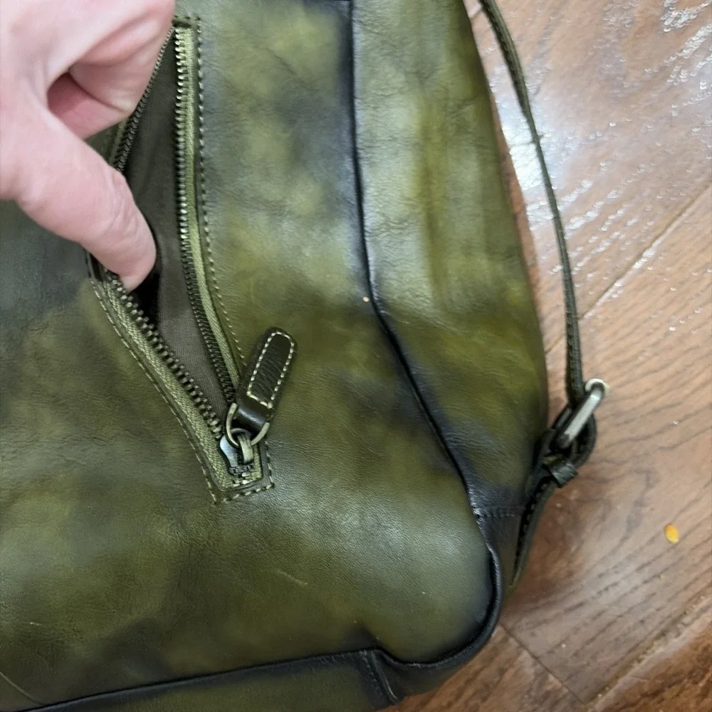 LRTO Leather Tote Bag Hand Painted Dalmatian Dog Olive Green Large Art Bag‎